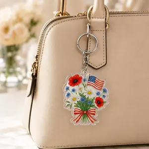Patriotic Floral Bouquet Acrylic Keychain, American Flag Wildflower Key Chain Charm, USA Red White Blue Bag Accessory Gift