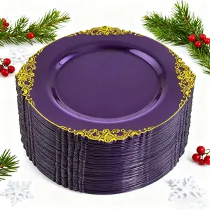 30 Plastic Dinner Plates with Edges, Reusable Heat Resistant Party Supplies, Vintage Style 7.5 Inch Dish Set for Holidays