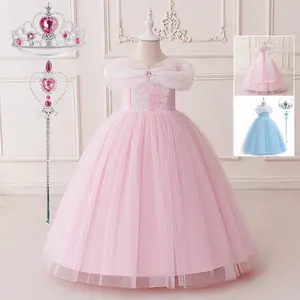 3-8Y with Crown Magic Wand Pink Sequins 085 Cartoon Cosplay Costume Fancy Carnival Kids Clothes Performance Princess Theme Party Holiday Girls Ball Gown Children Cocktail Dress