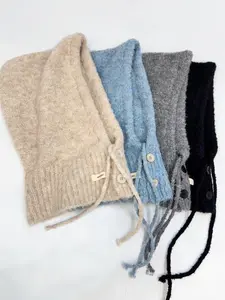 CHARCOAL --Premium Knit Balaclava Winter Essential Ultra-Soft Plush Hood Button Accents Adjustable Ties Super Warm Lightweight Cozy One Size Fits All