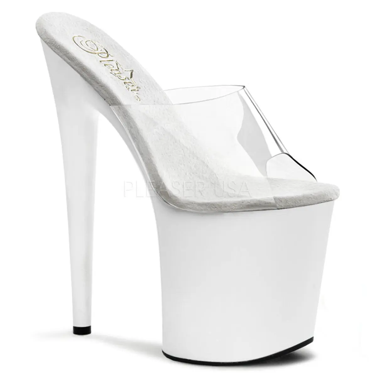Women's Fashion Chic High Heeled Slides Footwear - FLAMINGO-801 Style, Transparent Strap, 8-in Stiletto Heel, 4-in White Platform Shoe