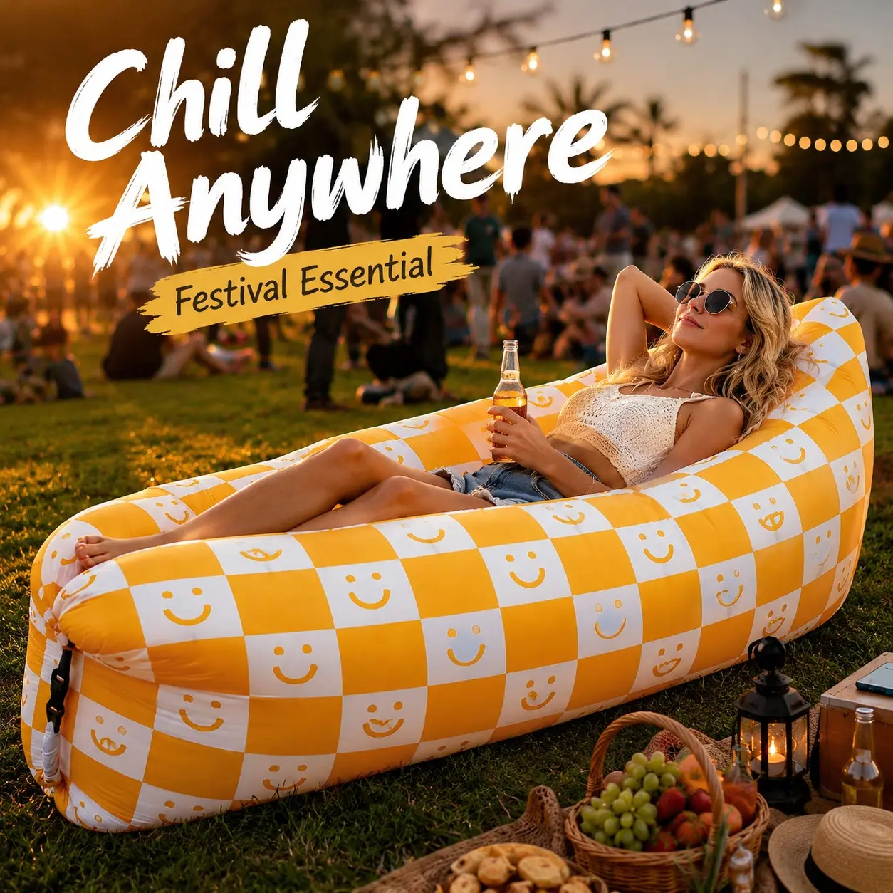 Inflatable Air Lounger Sofa for Festival Camping Beach Picnic, No Pump Portable Lazy Air Couch, Comfortable Outdoor Furniture, Comfy Sofa Couch