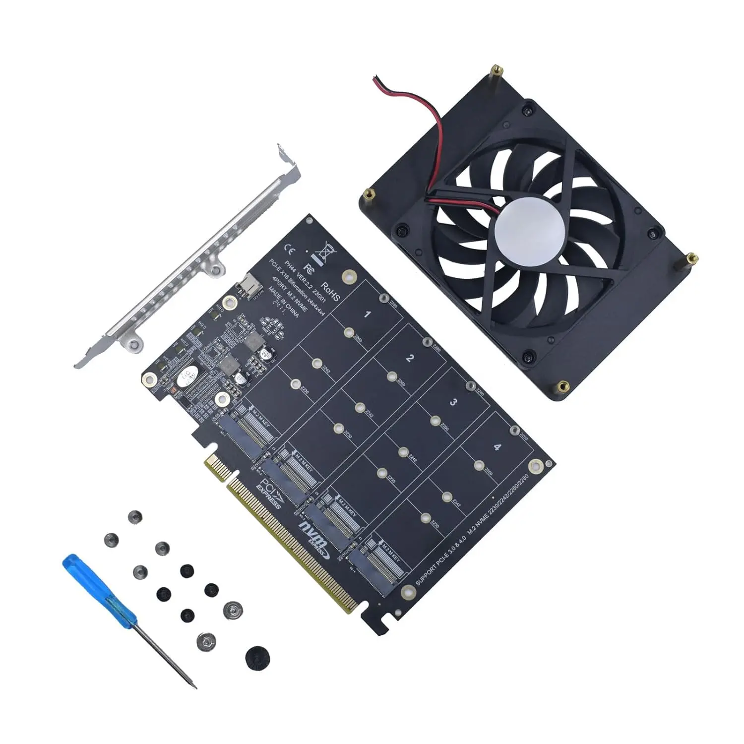 M.2 PCIe Adapter x16 Gen4 for 4 Ports M2 SSDs, PCIe M.2 Expansion Card for 4 M.2 2280 2260 2242 2230 NVMe SSDs M Key with Advanced Cooling Ultra Quiet DC Brushless Fan