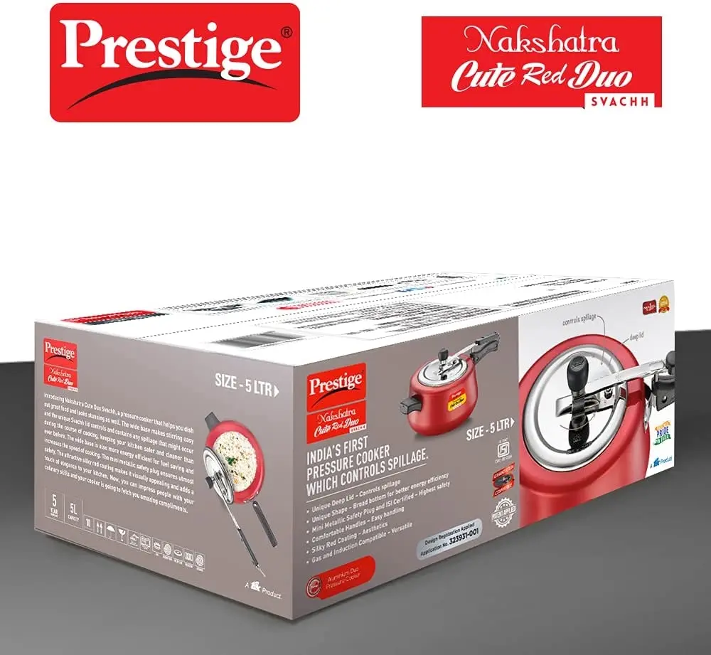 Prestige PRNSVR5 Nakshatra Cute Duo Svachh 5L Red Aluminum Inner Lid Pressure Cooker with 360 Stand, Spill-Proof Wide Base Kitchenware Cookware, Pressurecooker