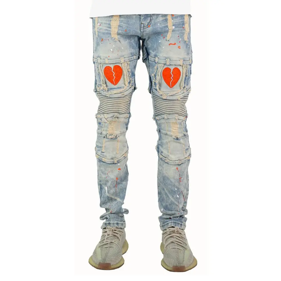 Menswear Broken Heart Jeans - Orange, Cotton-Spandex Fabric, Embroidered Patchwork Design
