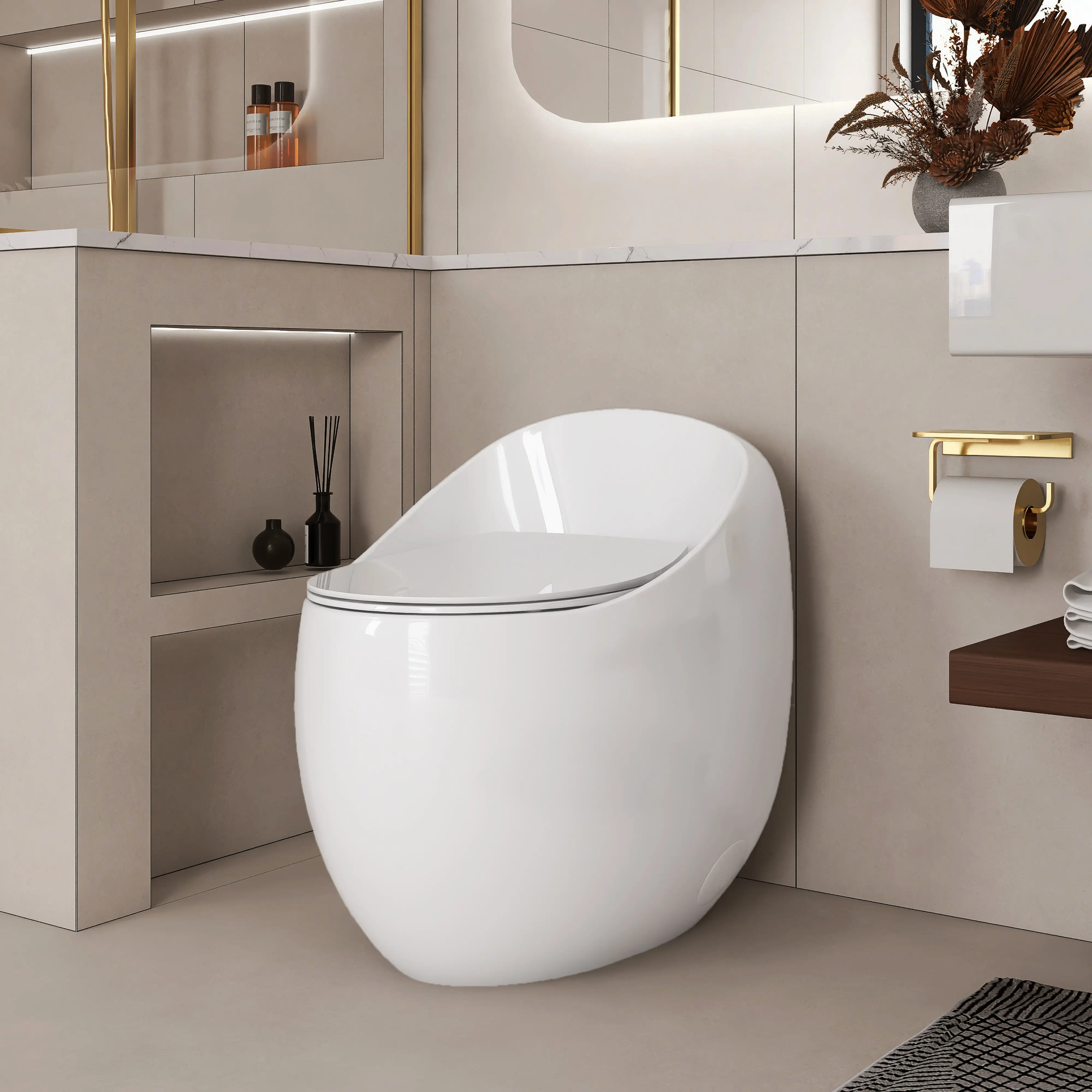 SAVEYOUR Modern 1-Piece Glossy White Egg Toilet, 1.28 GPF Single Flush, Quick-Release Soft-Closing Ergonomic Seat, Easy-Maintenance Bathroom Fixture