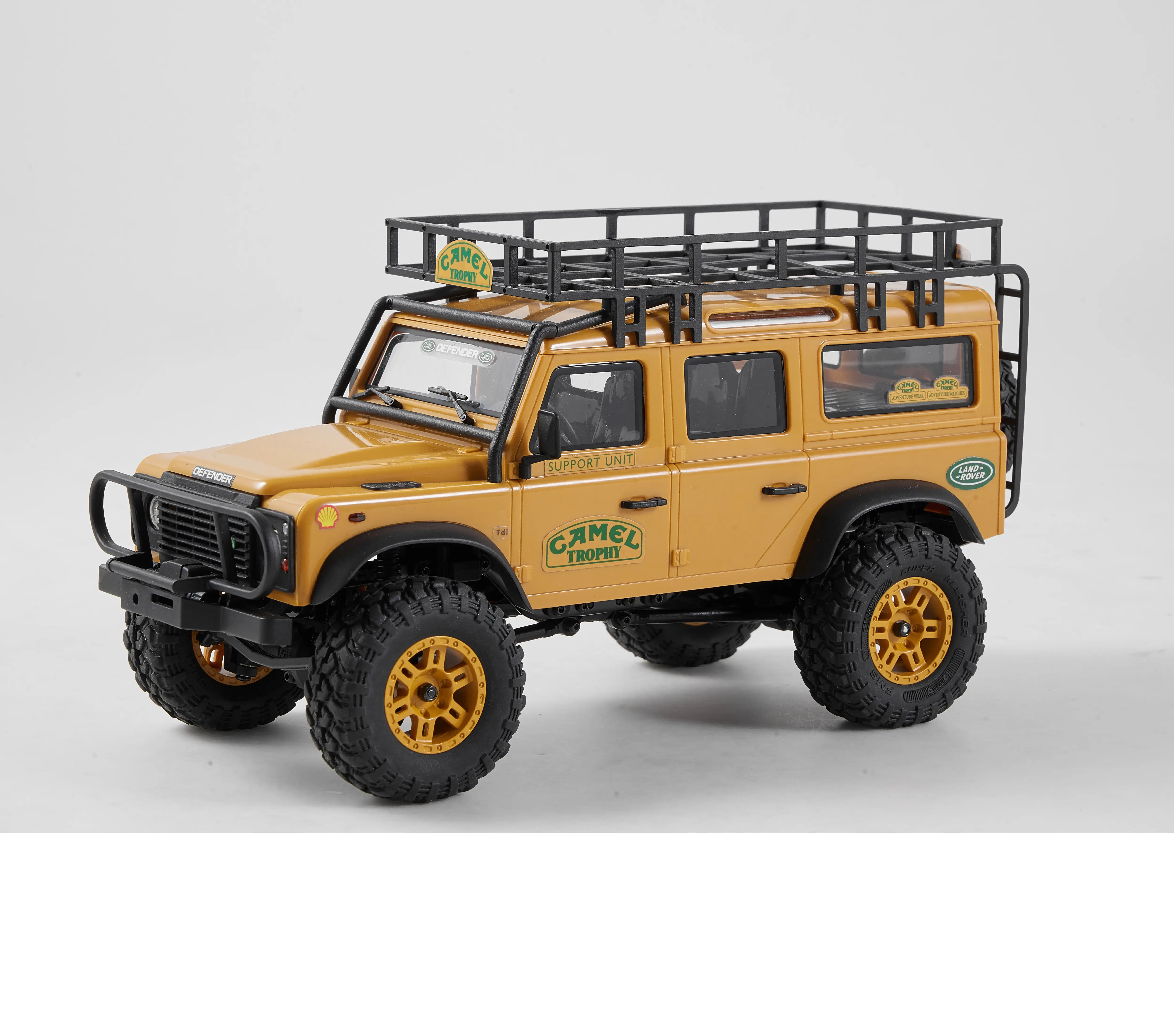 FMS Hobby 1:24 Scale RC Model Car - 2.4Ghz FCX24M Land Rover Defender 110 RTR Yellow Electric RC Control Crawler, ABS Plastic, 050 Motor, Roof Rack, Customization Accessory Packs, Lighting Effects, Speed Switch, for Adults (Land Rover Family Line), Rc Car