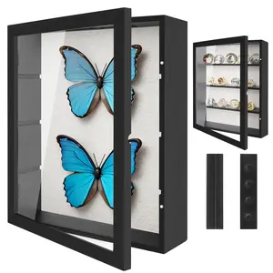 11x14 Large Country Memory Display Box for Flowers Pictures Championship Rings MEDALS Coins Pin Collection with 4 Removable Shelving Shadow Box Frames Linen Back Wood Decor double  glass  frame