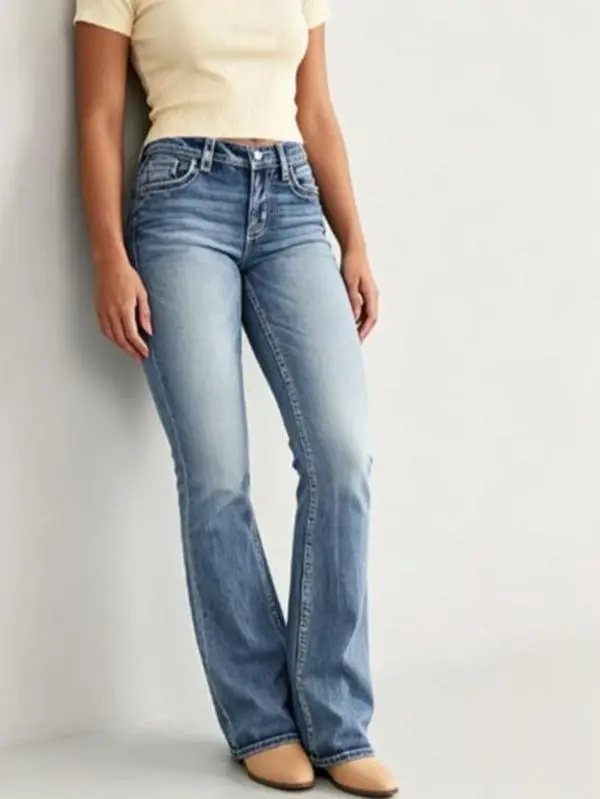 Women's Mid-Waist Bootcut Denim Jeans - Casual, Vintage, Stretchy, Washed, Perfect Fit | Womenswear Bottoms