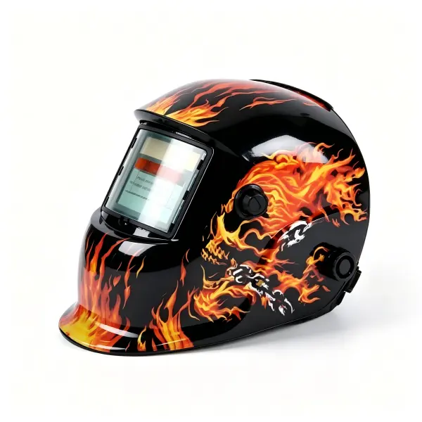 Heavy Duty Auto-Dimming Welding Helmet with Manual, Flaming Skull Design, Solar-Powered, 2-Sensor, Adjustable Shade 4/9-13, 3.66"x1.69" View, High-Impact-Resistant Materials, Portable, Arc Welding Use, Auto Darkening Shields Eyes Fast, Safe Eye Protection