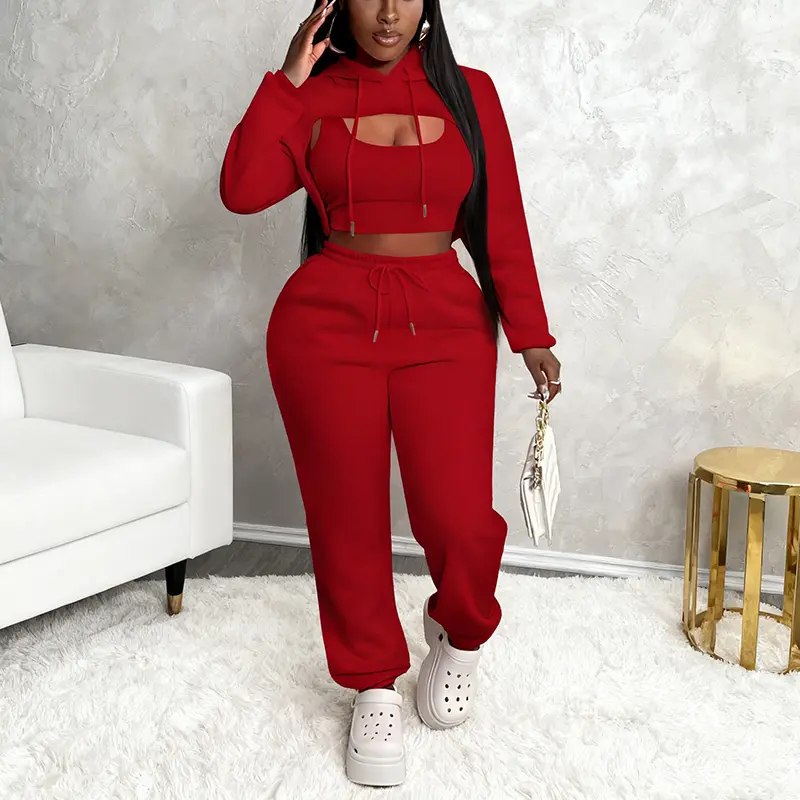 Echoine Women's 3 Piece Fitness Outfit Athleisure, Solid Loungewear Set with Crop Hoodie, Tank Top, and High-Waist Joggers
