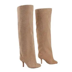 Women's Nude Suede over-Knee High Boots Square Toe Wide Calf Pull On Stiletto Heels Fashion Dress Tall Riding Boots Ladies Girl Footwear Casual Walking Shoes