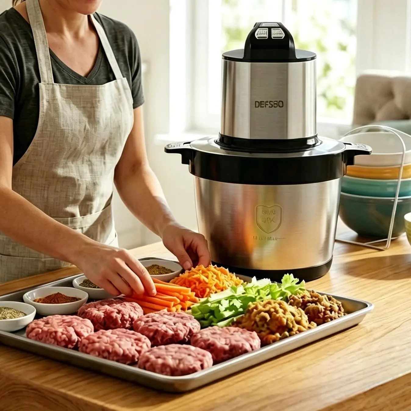 DEFSBO 1000W Peak Electric Food Processor, 6.3 QT Heavy Duty Meat Grinder & Chopper, 3-Speed Stainless Steel Blender, Dishwasher Safe for Large Families, Meat, Veggies, Ingredients