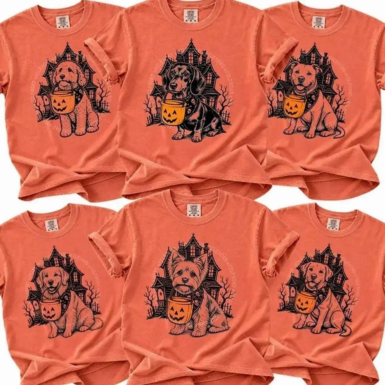Comfort Colors Custom 50+ Dog Breeds Halloween Candy Bucket T-Shirt, Funny Dog Lover Graphic Tee, Personalized Dog Breed Shirt, Spooky Pet Lover Apparel, Fall Halloween Gift for Dog Moms & Dads, for Women & Men, VSC