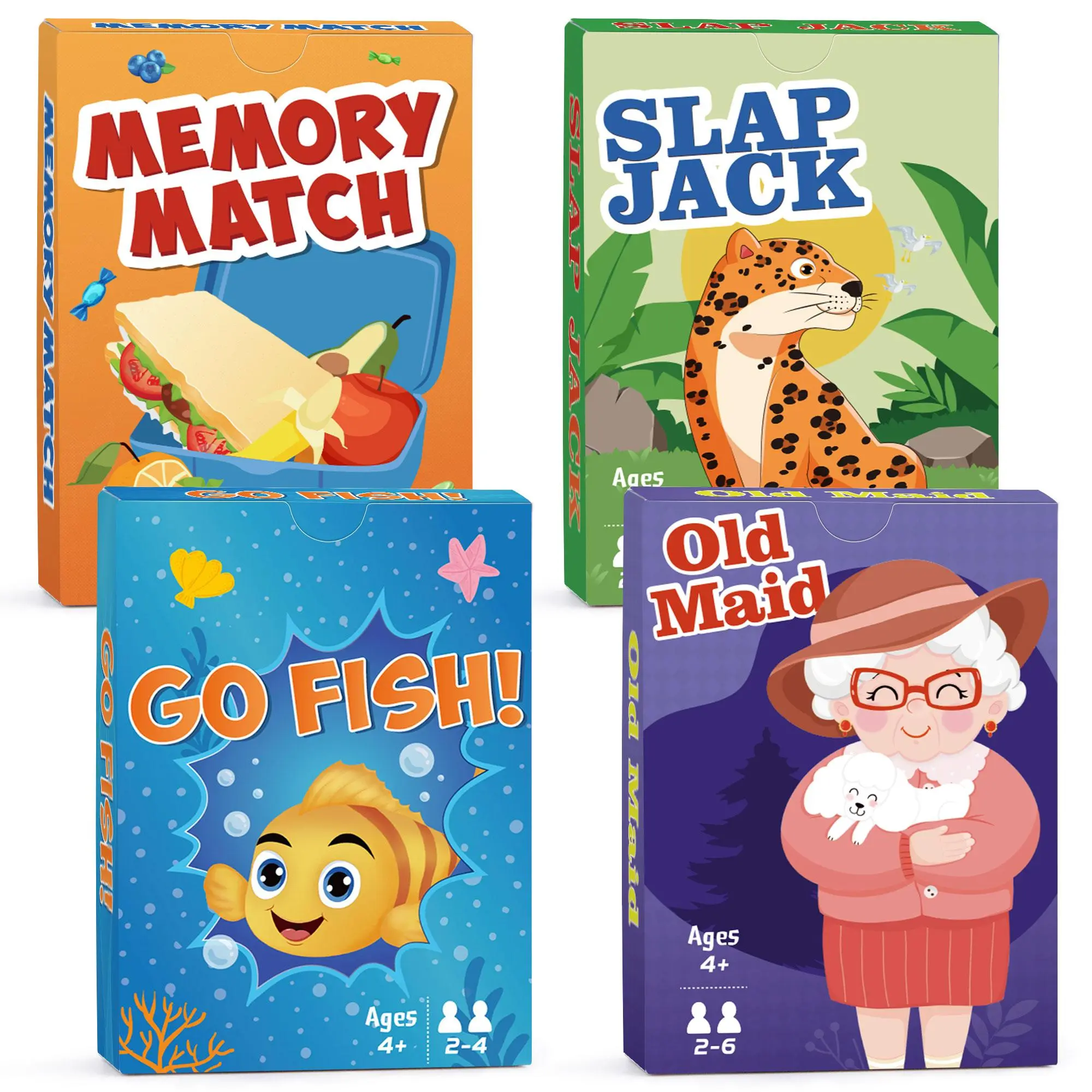 4 Packs Kids Multi-Game Card Pack: Go Fish, Old Maid, SlapJack & Memory Match - Classic Travel-Friendly Card Games, Party Game Cards Suitable for Family Party Game Night, Stocking Stuffers for Boys & Girls, Family Fun Game