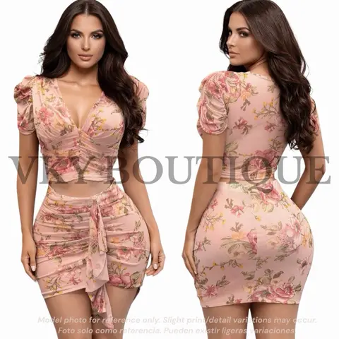 Floral Mesh Ruched Two-Piece Skirt Set HM