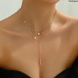 Dainty Crystal Y-Drop Layered Necklace, 2 Piece Gold Silver Lip Chain Lariat Choker