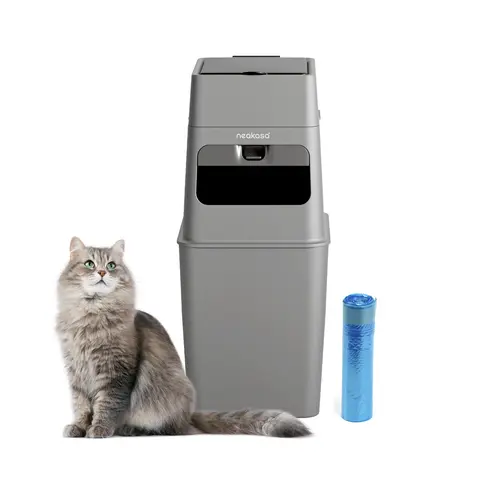 Neakasa PooGuard Closed Box Litter Waste Receptacle - 9.2L Trash Can, Plastic Body, Litter Box Replacement, Viewing Window, Wider Opening, 3 Rolls of Bags 4-Month Refill Pack & Liners, Grey, Waste Disposal Receptacle for Pets