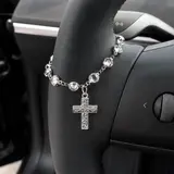 Faith-Inspired Crystal Cross Car Steering Wheel Charm, Silver Tone Beaded Hanging Ornament, Spiritual Blessing Symbol Auto Interior Decor, Meaningful Gift for Drivers,toolupgrade