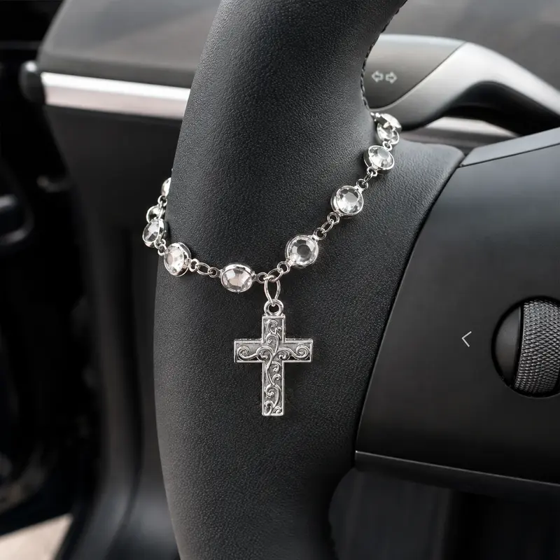 Faith-Inspired Crystal Cross Car Steering Wheel Charm, Silver Tone Beaded Hanging Ornament, Spiritual Blessing Symbol Auto Interior Decor, Meaningful Gift for Drivers,toolupgrade