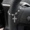 Faith-Inspired Crystal Cross Car Steering Wheel Charm, Silver Tone Beaded Hanging Ornament, Spiritual Blessing Symbol Auto Interior Decor, Meaningful Gift for Drivers,toolupgrade