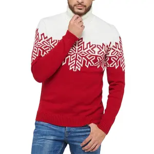 Men's Festive Red & White Snowflake Print Turtleneck Sweater - Long Sleeve, Polyester Knit Pullover for Casual Wear, Machine Washable - Ideal for Fall/Winter