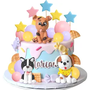 Dog cake topper clay figurines puppy star yellow pink purple ball cake topper for dog theme birthday party paw cute pet party baby shower supplies style 01