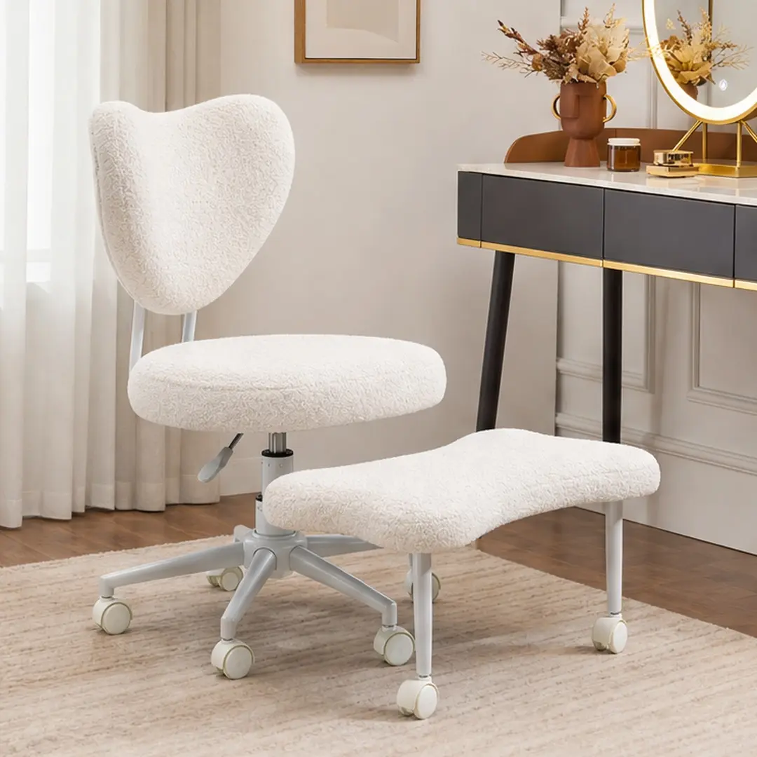 Ergonomic Cushioned Kneeling Chair with Lumbar Support, Height-Adjustable Seat, Cross-Legged Meditation Use, Beige Teddy Fabric, Metal-Wood Frame, 360° Swivel Wheel-Mounted Kneeling Chair for Office Work & Study, Cushioned Kneeling Chairs, Wheel-Moun