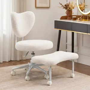 Ergonomic Cushioned Kneeling Chair with Lumbar Support, Height-Adjustable Seat, Cross-Legged Meditation Use, Beige Teddy Fabric, Metal-Wood Frame, 360° Swivel Wheel-Mounted Kneeling Chair for Office Work & Study, Cushioned Kneeling Chairs, Wheel-Moun