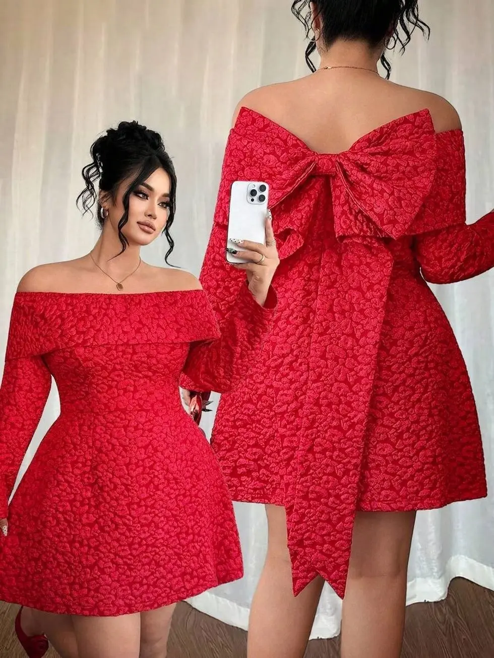 Plus Size Women's Christmas Red Jacquard Off Shoulder Backless Bow Long Sleeve Short Dress