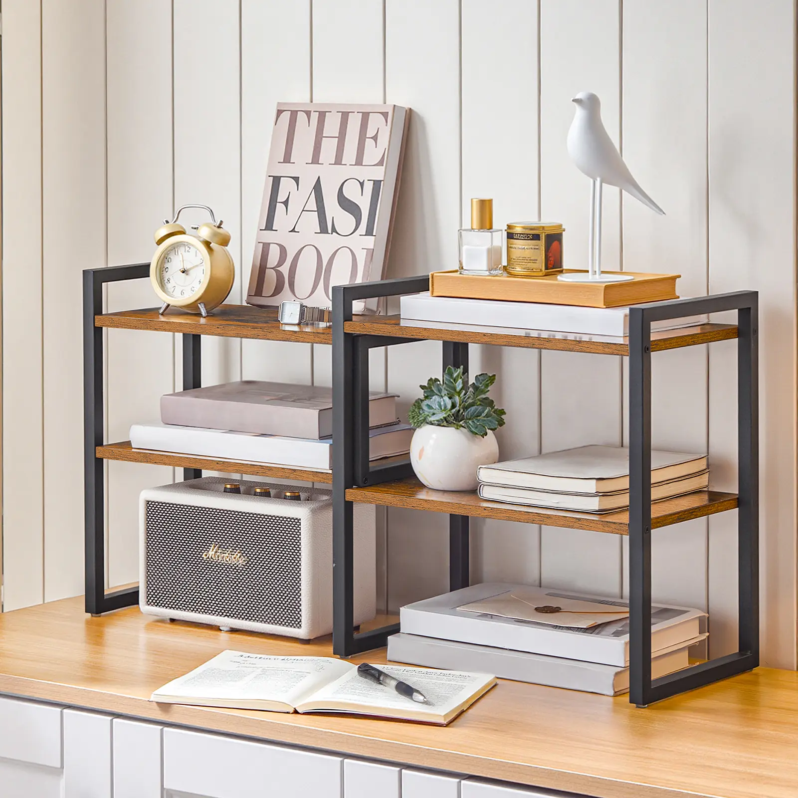 HOOBRO Desktop Bookshelf, 2-Tier Desktop Shelf Organizer, Adjustable Desk Shelf for Top of Desk, Wooden Office Storage Rack, for Office, Study, Kitchen, Dorm, Rustic Brown and Black Work Desk #SummerVibes