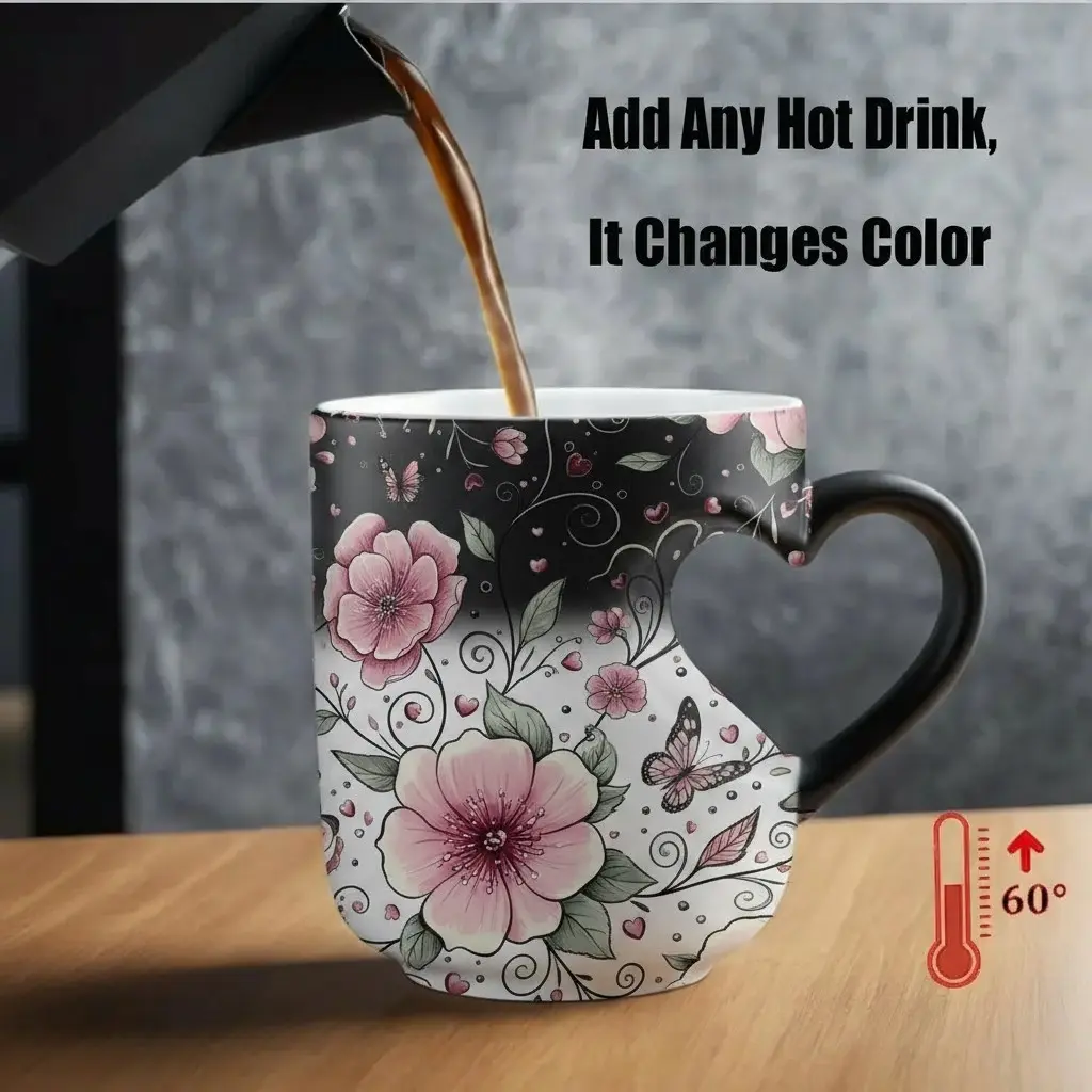 Floral Heart Handle Thermosensitive Ceramic Mug, 11oz/330ML, Color-Changing Insulated Cup for Hot/cold Drinks, Ideal Festival Gift