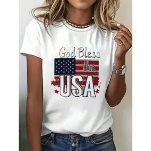 Women's Slim-Fit Patriotic "God Bless USA" Graphic T-Shirt, Casual Style Short Sleeve Round Neck Top for Spring , Vintage T Shirts, American Flag