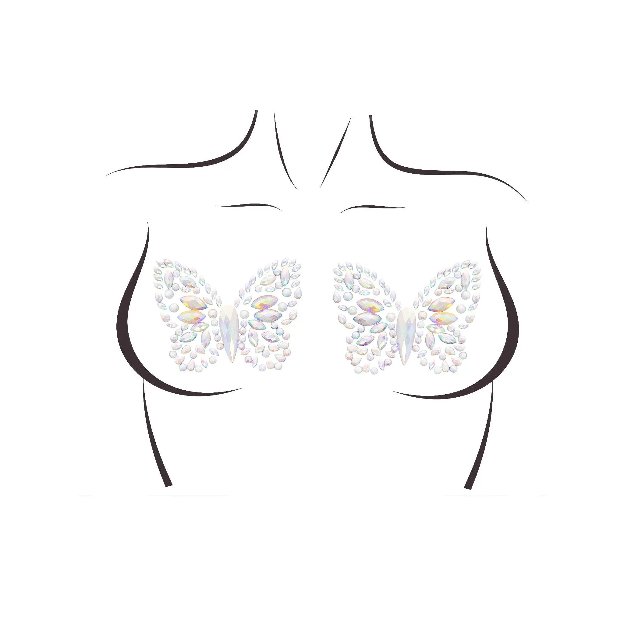 Women's Butterfly Nipple Covers, Iridescent Rhinestone Jewels for Festival Wear & Rave Clothing, Glow in the Dark, Music Festival Outfits, Skin Friendly Adhesive