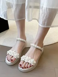 Gentle Milk Apricot Pearl Flower Thick Sole Sandals, Fairy Style Versatile Outdoor Flat Shoes, Comfortable All-Season Footwear
