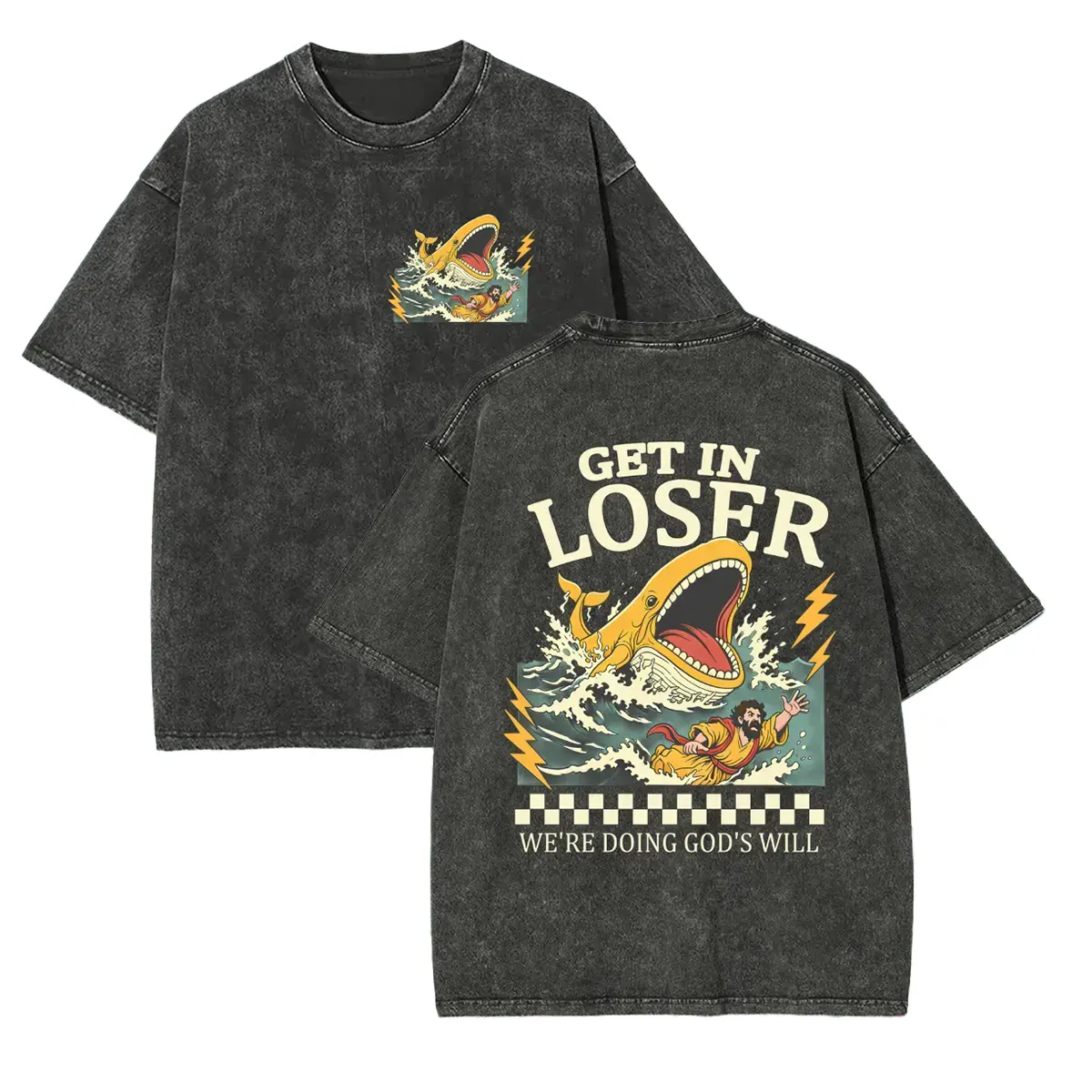 Men's Graphic Tees - Oversized Vintage Wash Funny Christian Graphic Tee | 100% Cotton Jonah & The Whale Bible Shirt | Y2K Streetwear "Get In Loser" Top