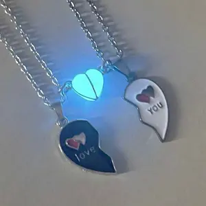2 pcs Glow-in-the-Dark Matching Heart Necklace Set "Love You" Couple Pendant for Romantic Gifts