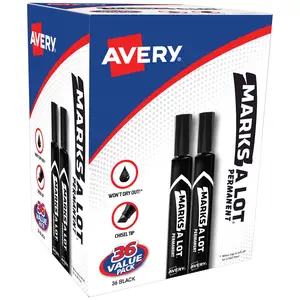Avery® Marks A Lot® Permanent Markers, Large Desk-Style Size, Chisel Tip, Value Pack, 36 Black Markers Total, Ideal for Signs, Posters, Labeling, and More (98206)