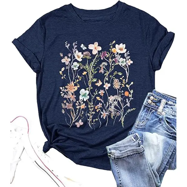 FLOYU Women Boho Flower T Shirt Vintage Floral Graphic Shirt Botanical Tee Wildflowers Shirts Garden Lover Top Womenswear Underwear Comfort Streetwear