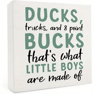 Christmas Halloween Decoration Gifts，Boy Nursery Wood Box Sign 5×5 Inches, Ducks Trucks and 8 Point Bucks That's What Little Boys Are Made of Wood Sign for Kids Boys Bedroom Playroom Desk Tabletop Shelf Decor