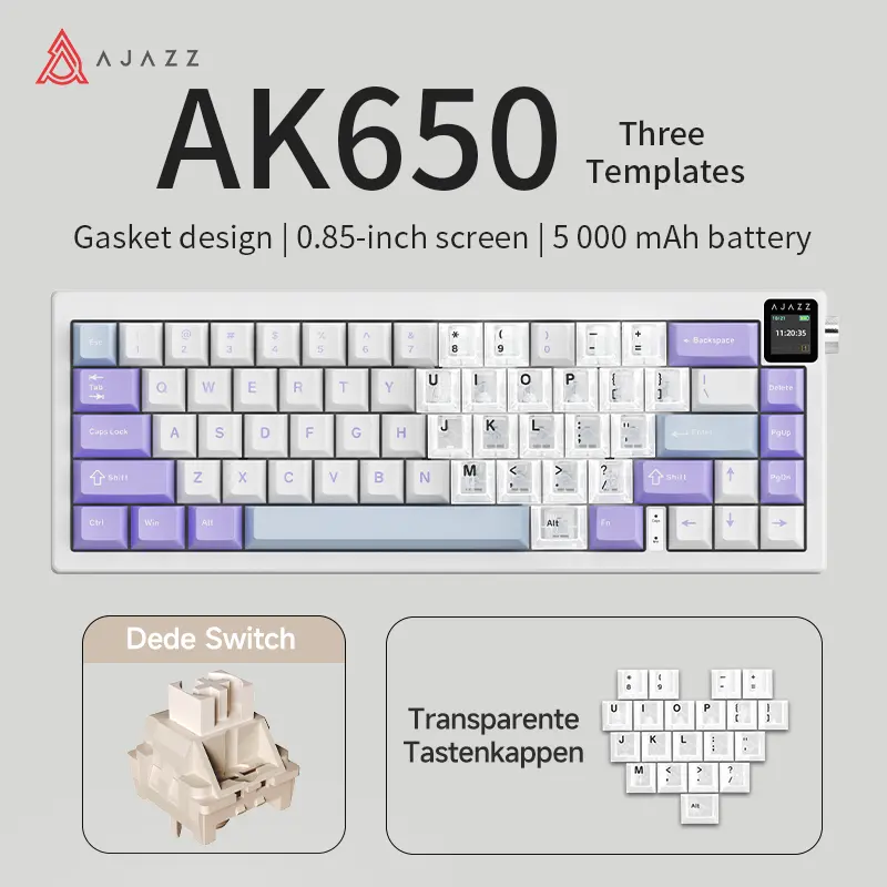 AJAZZ AK650 Creamy Wireless Mechanical Keyboard tft smart display - Heart-Shaped Keycaps, 3-Mode RGB Backlighting, 2.4G/USB-C/Bluetooth, Hot-Swappable, Gasket-Style, PC Accessory, Creamy Keyboard Gear