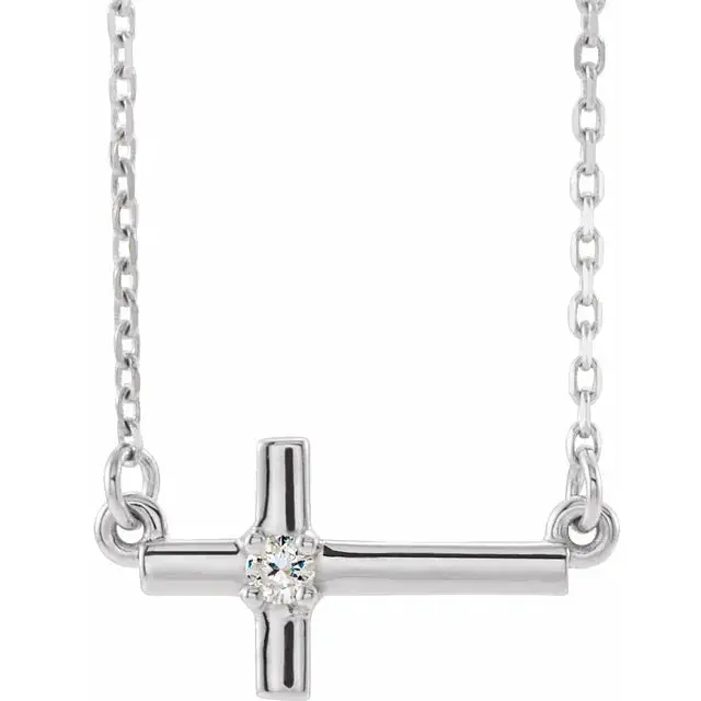 Sterling Silver Natural Diamond Sideways Cross 16-18" Necklace