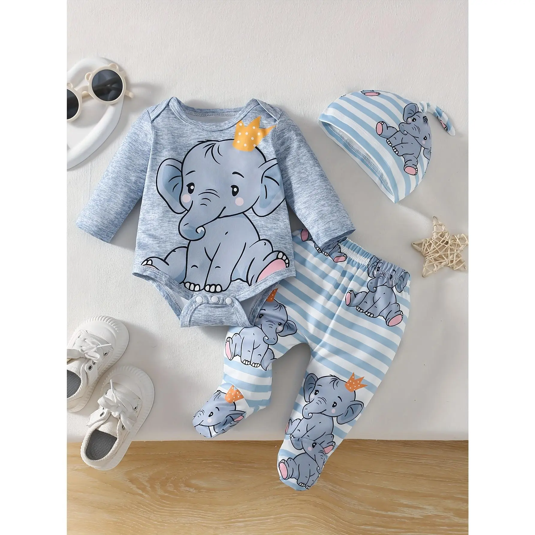 Baby Boy 3-Piece Newborn Spring-Autumn Cartoon Elephant Outfit Set - Animal-Faced Character Boys' Jumpsuits (Long-Sleeved, Shoulder Design), Elastic Striped Panties, Hat - Child-Size, Character-Themed, Baby Animal Graphic Kids' Outdoor Clothing, Baby Anim