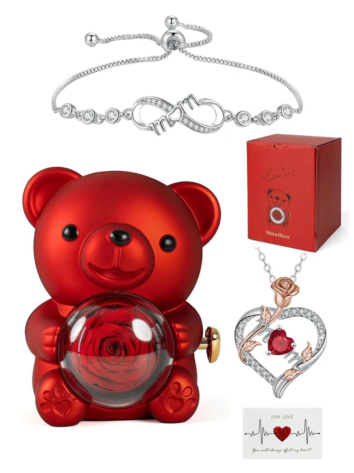Preserved Rose Teddy Bear Jewelry Gift Set for Mom: Two-Tone "Mom" Stainless Steel Necklace + Infinity Love Bracelet, Ideal Mother's Day, Birthday, Anniversary, Christmas Present for Mom, Stepmom, Mother-in-Law, Wife from Kids