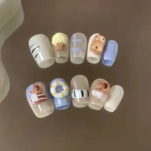 Short coffin, shape, blue and white color 3d capybara handmade press on nails