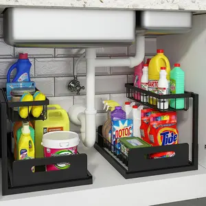 L-Shaped Pull Out Under Sink Organizer,2 Tier Under Sink Organizers Storage Sturdy Metal Slide Out Kitchen Cabinet Spice Rack Bathroom Organizer Snack Drawer Rack Rustproof Board Durable Easy to Install ,Valentine's Day Gift,Black