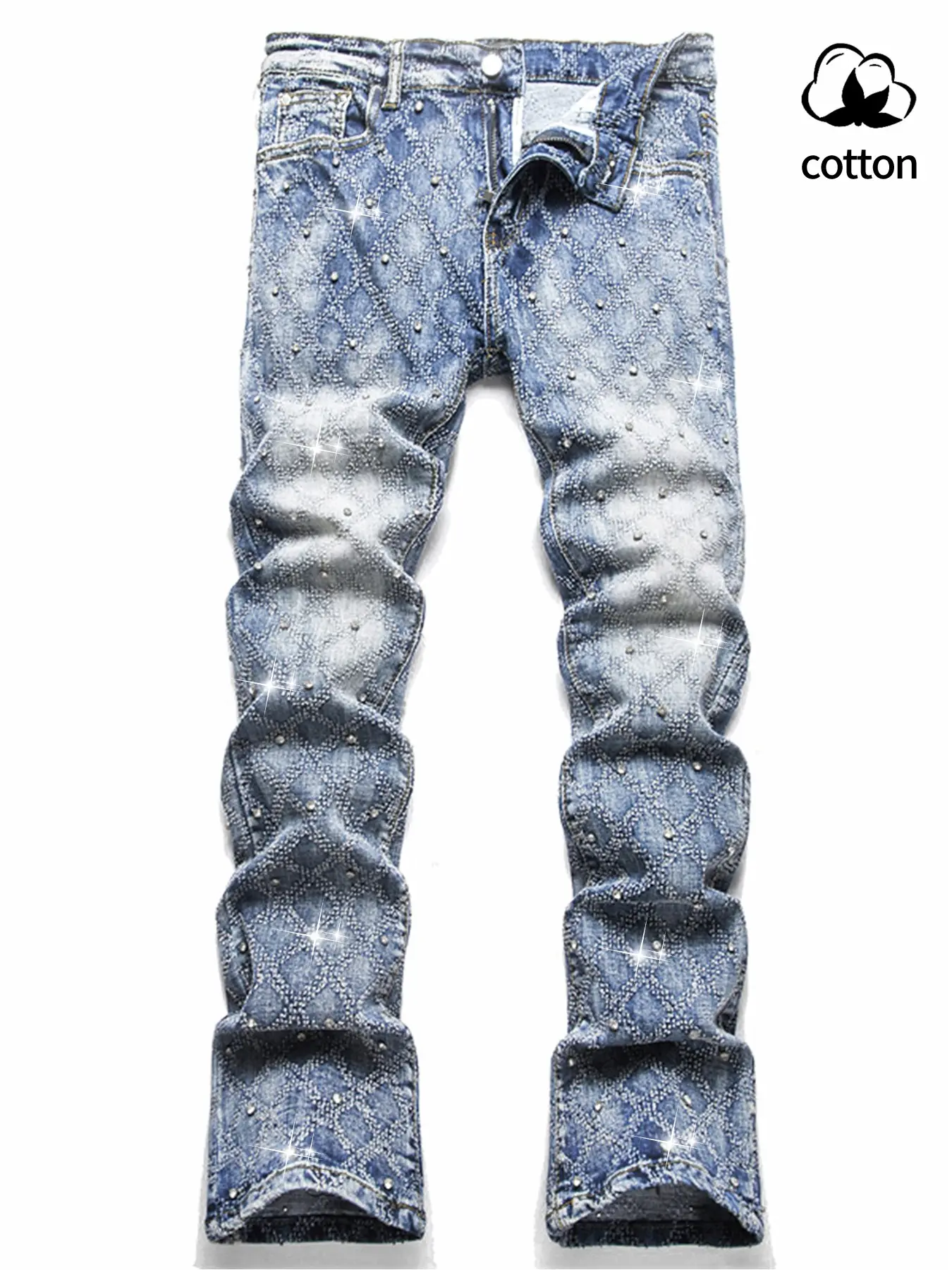 Casual fashion denim stretch hipster punk style flare jeans with pockets and rhinestone decoration, skateboarding, street jeans, Fashion Jean Bottoms, Streetwear, Menswear