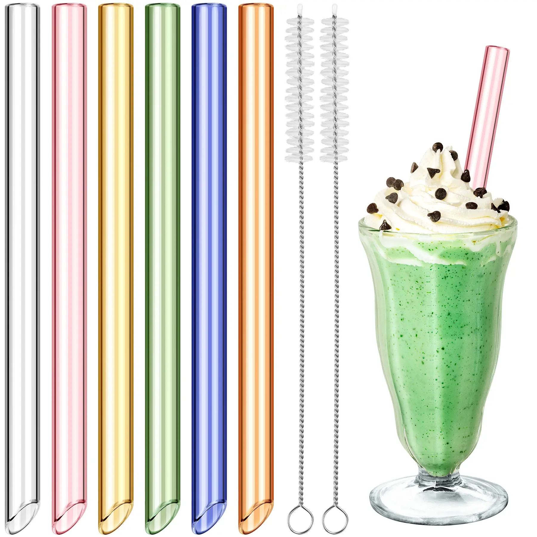 NiHome 6-Piece 9in 14mm Diameter Wide Opening Borosilicate Glass Straws, Reusable Utensils for Boba, Smoothies & Daily Use, Transparent, BPA-Free, Dishwasher Safe with 2 Cleaning Brushes