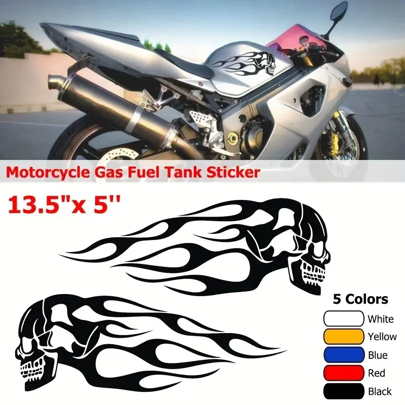 2 Pack Flame Skull Motorcycle Decals, Waterproof Vinyl Car Stickers, Personalized Motorbike Fuel Tank Side Bag Decoration, Cool Skull Flame Auto Graphics for Truck SUV, Black White Red Yellow Blue Available