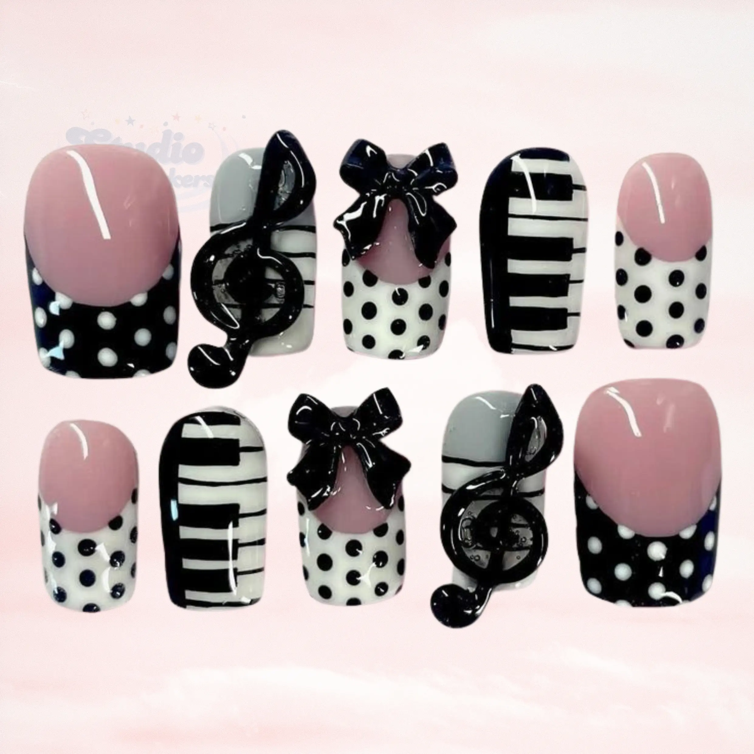 Piano Music Note Press On Nails, Rock Star Nails, Black White Musical Notes Nails, 3D Bow Design, Polka Dot Coquette Nail Art